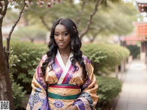 A woman in a kimono sitting on a chair.