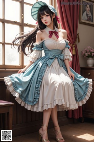 A woman in a maid outfit posing for a picture.