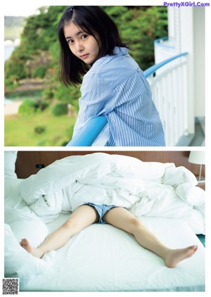 A woman laying on top of a bed next to a picture of herself.
