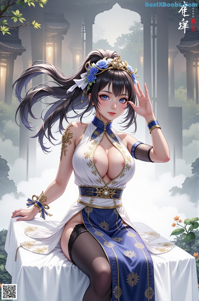 A woman in a blue and white dress sitting on a white table.