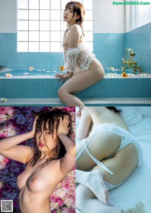 A naked woman standing in a bathroom next to a bathtub.
