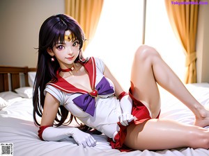 A woman in a sailor outfit sitting on a purple couch.