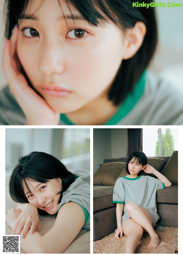 A collage of photos of a young woman sitting on a couch.