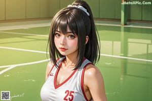 A girl in a yellow and green uniform dribbling a basketball.