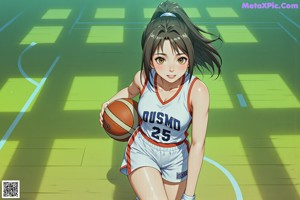 Anime girl with green hair holding a basketball.