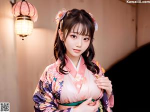 A woman in a kimono sitting on a wooden bench.