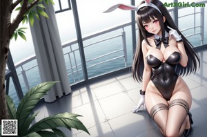 A woman in a bunny costume sitting on a bed.