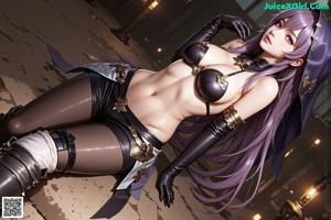 A woman with purple hair wearing a purple bra and a necklace.