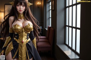 A woman in a golden outfit is posing for a picture.