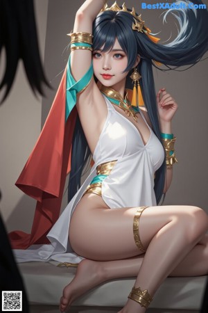 A woman with long black hair wearing a crown.