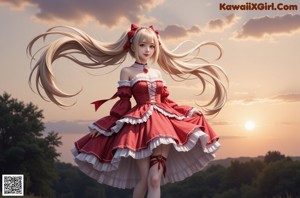 A woman in a red and white dress is posing on a railing.