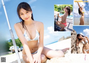 A woman in a yellow bikini posing for a magazine cover.