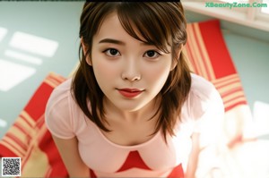 A woman in a yellow top and white panties standing in a kitchen.