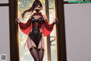 A woman in a costume with a mask on her face.