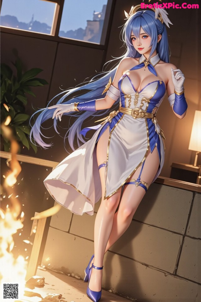 Hentai - Captivating Grace of the Cosmic Maiden Set.1 20250124 Part 13 No.8f3964 A woman in a blue and white dress standing next to a fire.