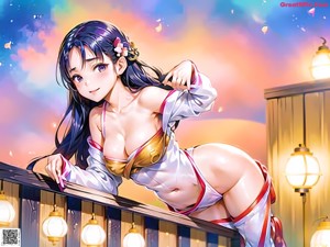 A woman in a purple kimono sitting on a table.