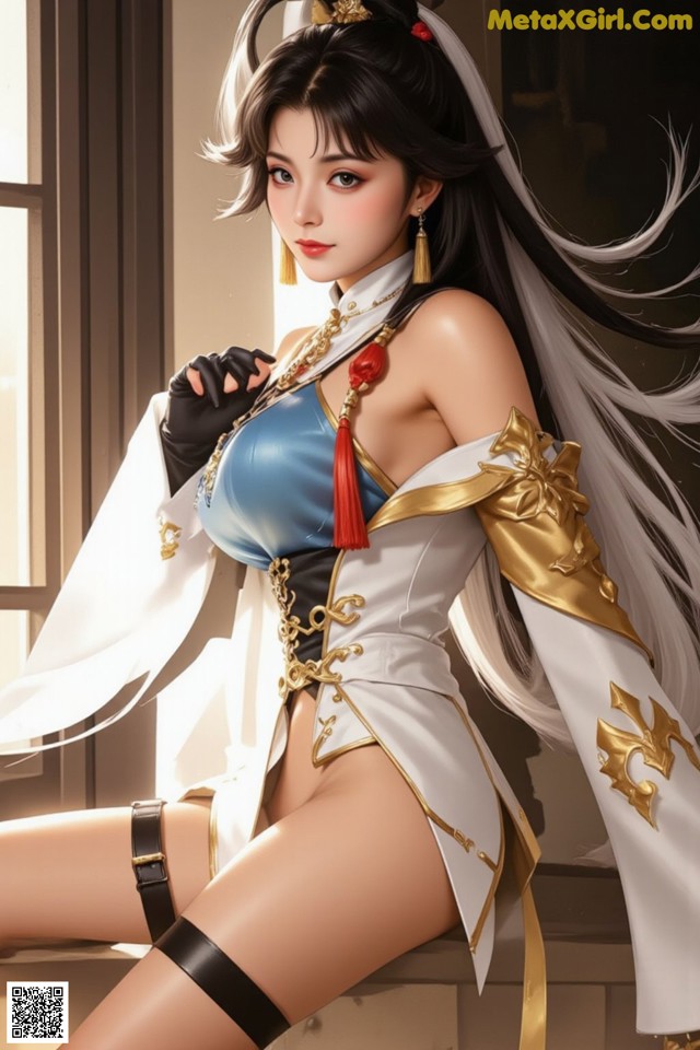 Hentai - Exotic Allure of the Untamed Lands Set.2 20250125 Part 1 No.e6dd11 A woman in a white and blue outfit sitting on a window sill.