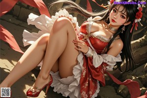 A woman in a red and white dress posing for a picture.
