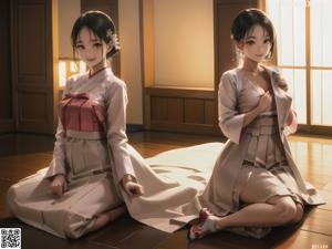 A woman in a kimono sitting on a bed.