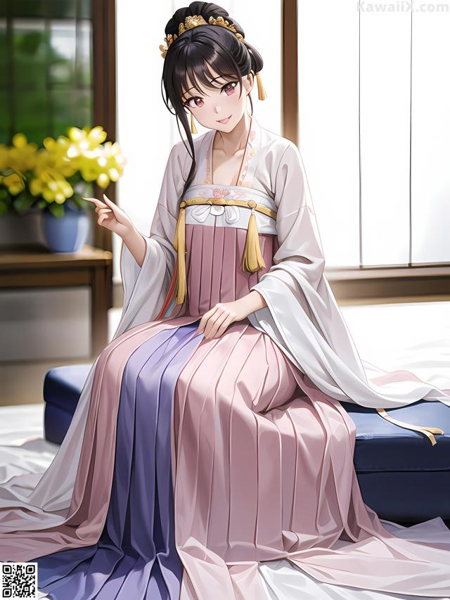 A woman in a pink and purple dress sitting on a blue couch.