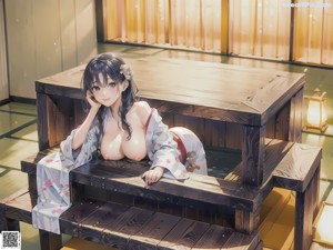 A woman in a pink kimono sitting on a bench.