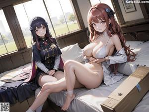 A naked anime girl standing in a room next to a pool.