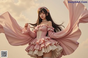 A girl in a pink dress standing next to a tree.