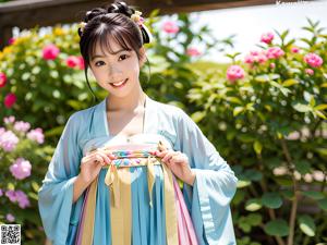 A woman in a blue and white kimono posing for a picture.