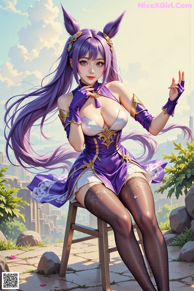 Hentai - Sovereign of Lightning in Exquisite Garb Set.2 20250126 Part 20 No.b25f7b A woman with long purple hair sitting on a chair.