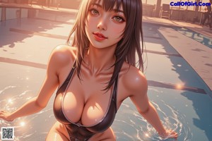 A woman in a black bathing suit standing next to a pool.
