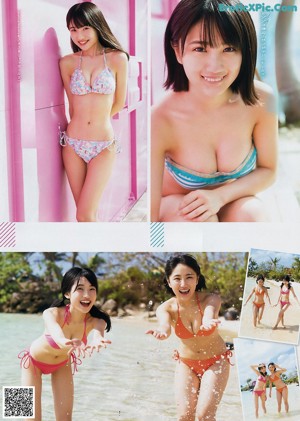 A couple of young women standing next to each other near a pool.