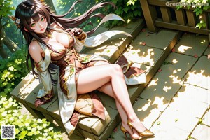A woman in a green dress sitting under a tree.