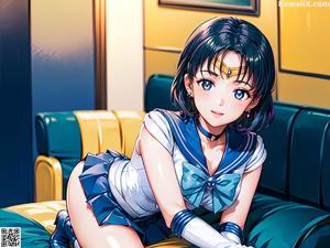 A woman in a sailor outfit sitting on a chair.