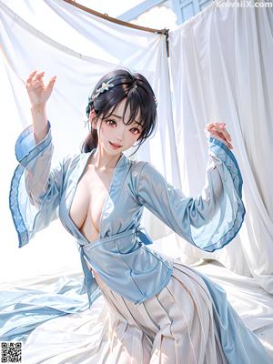 A woman in a white kimono sitting on a wooden floor.
