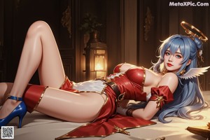 A woman sitting on a red chair in a room.