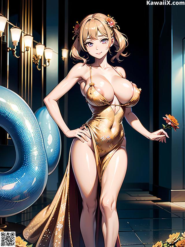 Hentai - 华彩繁花 Set 2 20230602 Part 2 No.dde0ff A woman in a gold bathing suit holding a flower.