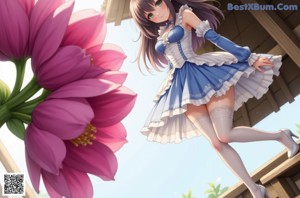 a woman in a blue and white dress and stockings