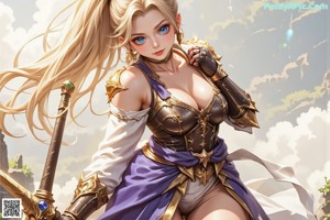 A woman in a blue and white outfit holding a sword.