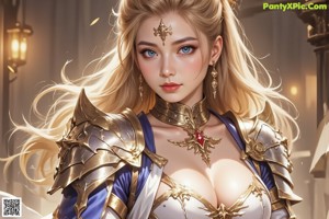 A woman in a blue and white outfit holding a sword.