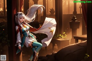 A woman with long white hair sitting on a stool.