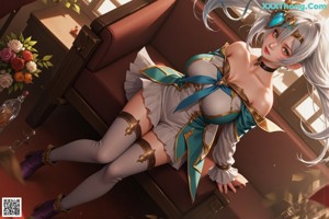 A woman with long blue hair sitting on a chair.