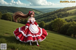 A woman in a red and white dress sitting on a dock.