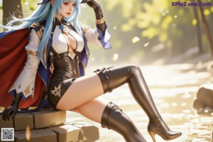 A woman with long blue hair standing in front of a building.