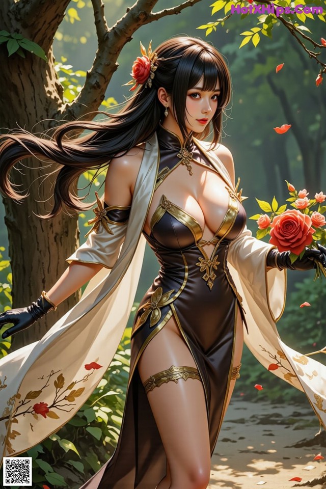 Hentai - The Frozen Elegance That Melts Starlight Set.2 20250106 Part 17 No.e5af7c A woman in a black and gold outfit holding a bouquet of flowers.