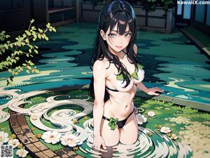 A woman in a white bikini sitting on the edge of a pool.
