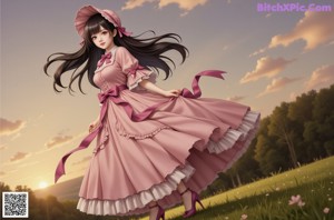A girl in a dress and hat standing under a tree.