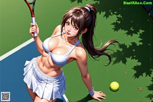 A woman in a white top and skirt holding a tennis racket.