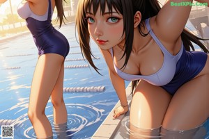 A woman in a black bikini standing in a pool.