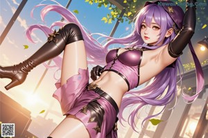 A woman with long purple hair standing in front of a window.