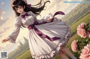 A woman in a dress and hat standing in a field.